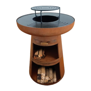 Braseiro – Churrasqueira com prancha redonda e grelhador em aço corten